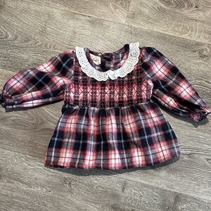 Black and Red Plaid Baby Blouse with Lace Collar